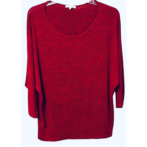 DON’T STOP BELIEVING LONG DOLMAN SLEEVE TOP, WOMENS, 1X-VARIEGATED RED, RND NECK - Picture 1 of 11